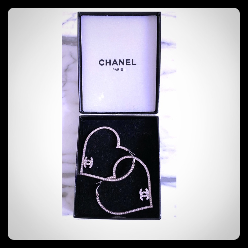 Chanel Silver Rhinestone Heart CC Hoop earrings